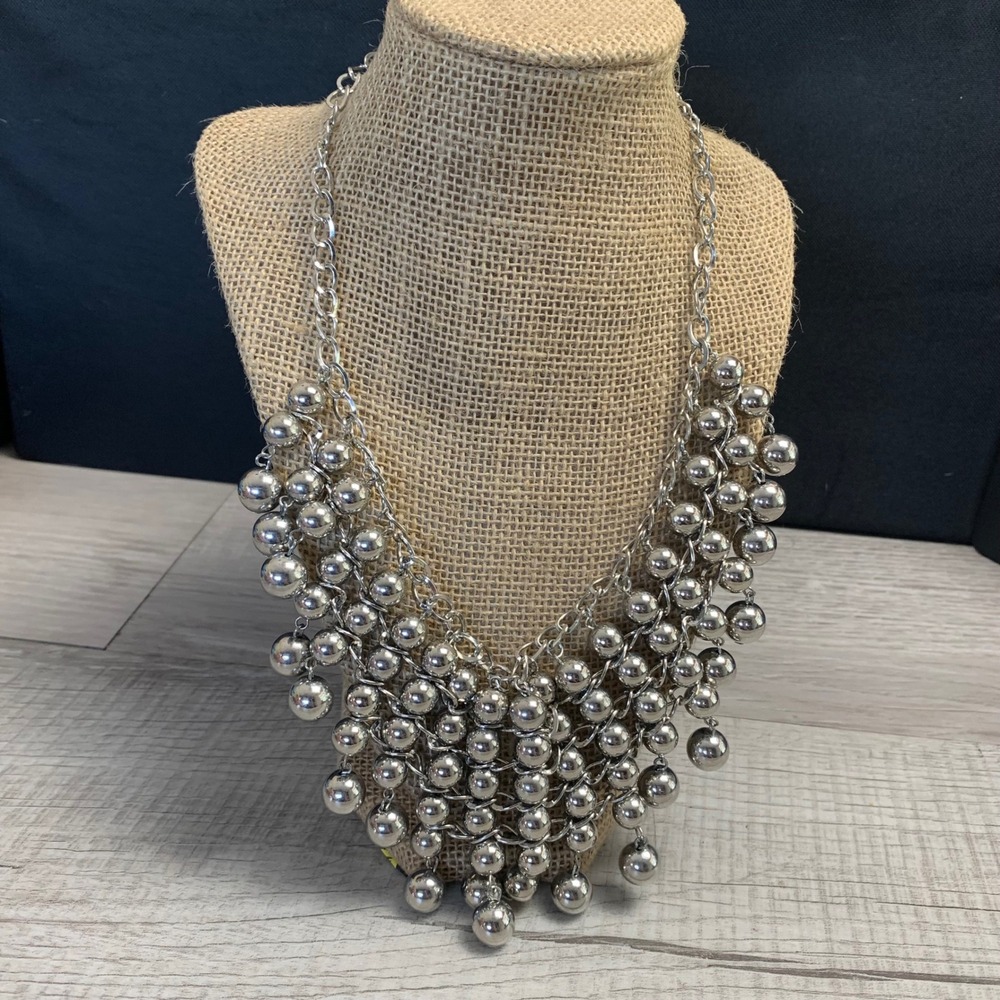 Attention Silver Tone Multi Tier Bead Bib Statement Necklace 16 Inch